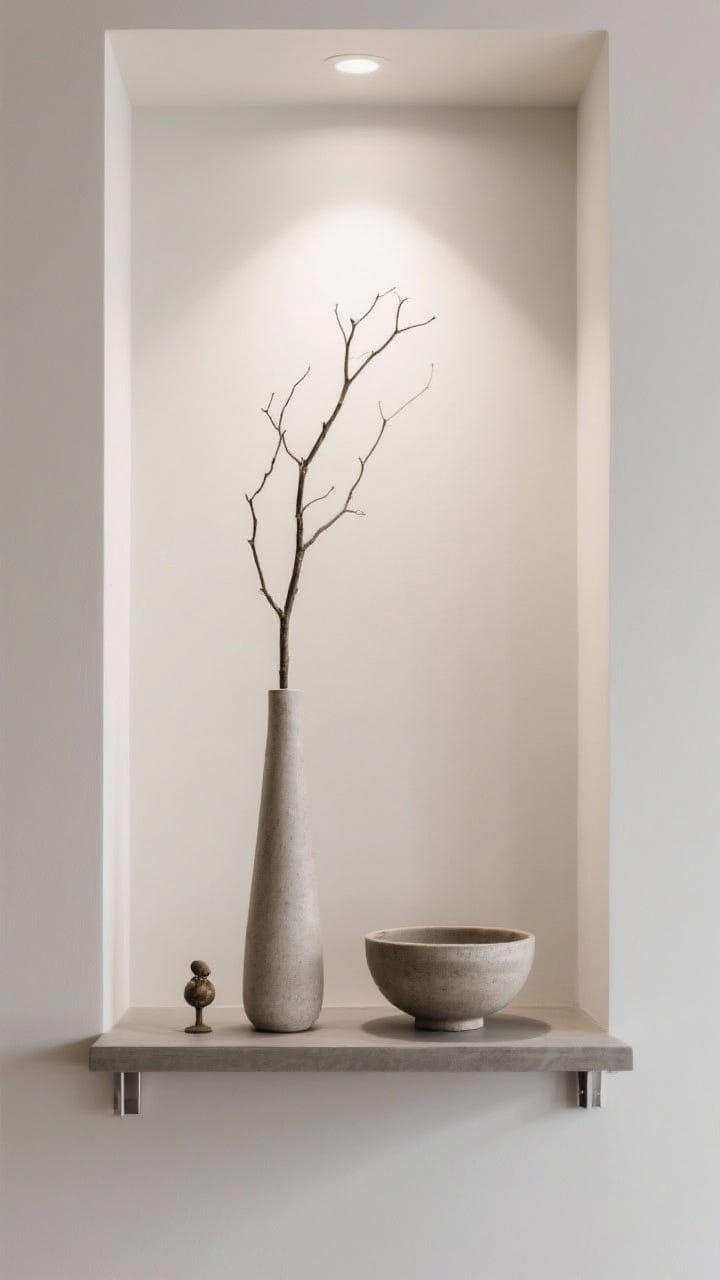 Creating height without clutter on a shelf: a tall slender vase with slim branches centered slightly inward, paired with a low stoneware bowl and a tiny decorative object, with clean negative space around them.