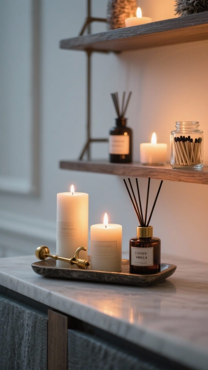 Stylish winter scent layering on a shelf: two candles of different heights on a small tray beside a brass snuffer and wick trimmer, a reed diffuser on the next shelf, and a glass jar of matches.