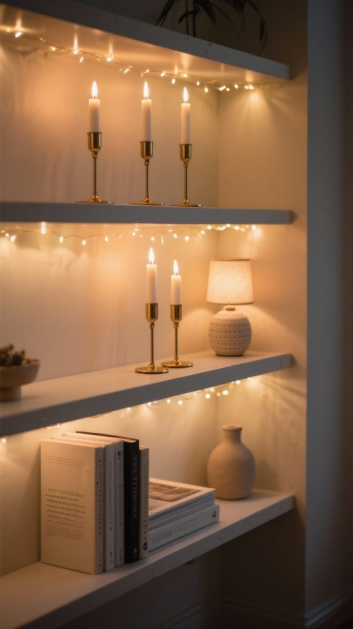 A shelving unit softly glowing with layered warm lighting: battery taper candles in brass holders, LED fairy lights along the back rail, and a petite ceramic lamp tucked into a corner, with a few books and a small vase.