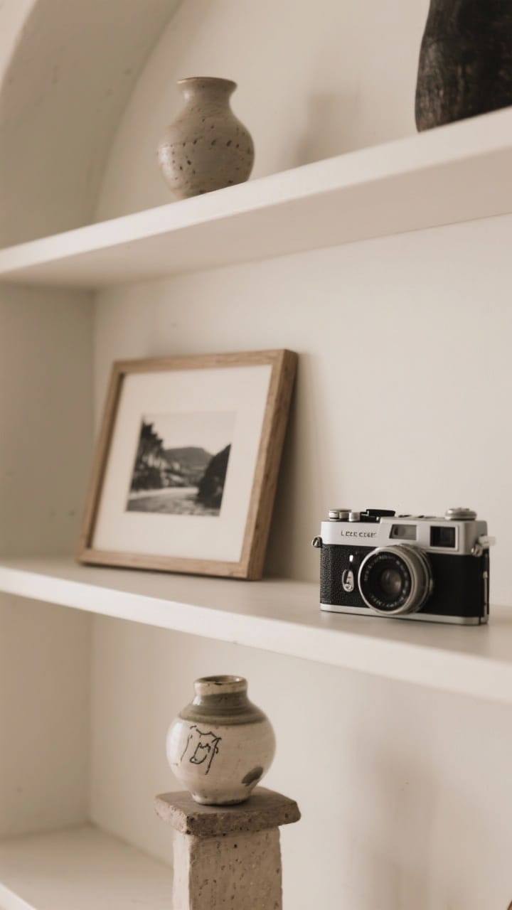 Curated personal pieces with breathing room: a black-and-white travel photo in a modest frame, a handmade ceramic on a small riser, and a vintage camera in its own space, mixing old and new without crowding.