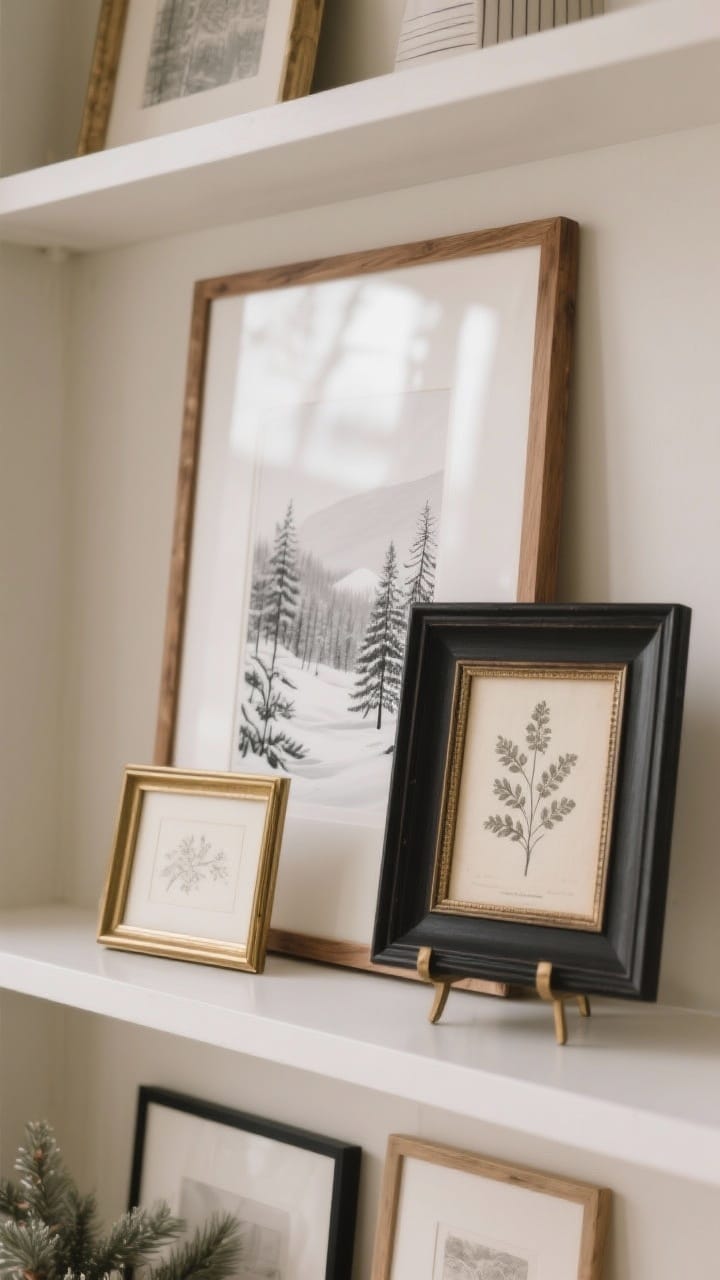Seasonally swapped art leaned on shelves: a winter landscape print in a wood frame layered behind a smaller monochrome line drawing in a brass frame, with a vintage botanical in a black frame mixing finishes.