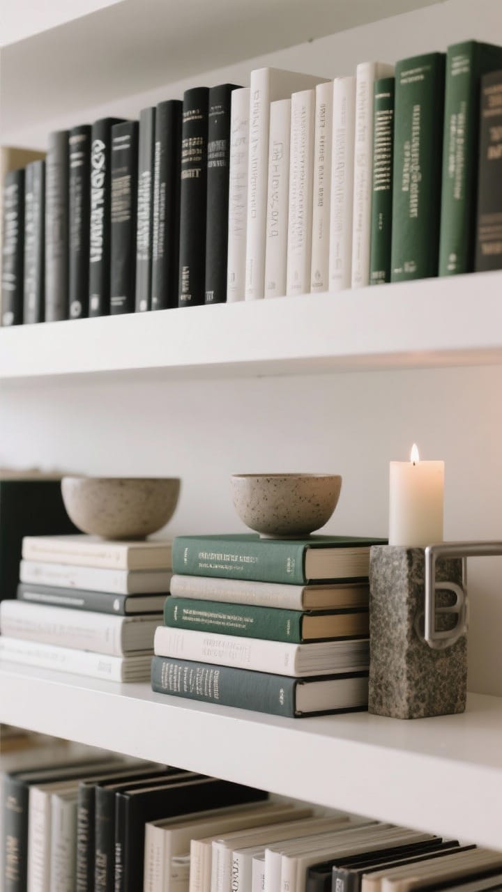 Strategically stacked books on shelves: horizontal stacks forming pedestals topped with a small bowl and candle, beside a short vertical row held by a stone bookend, spines in charcoal, ivory, and forest green.