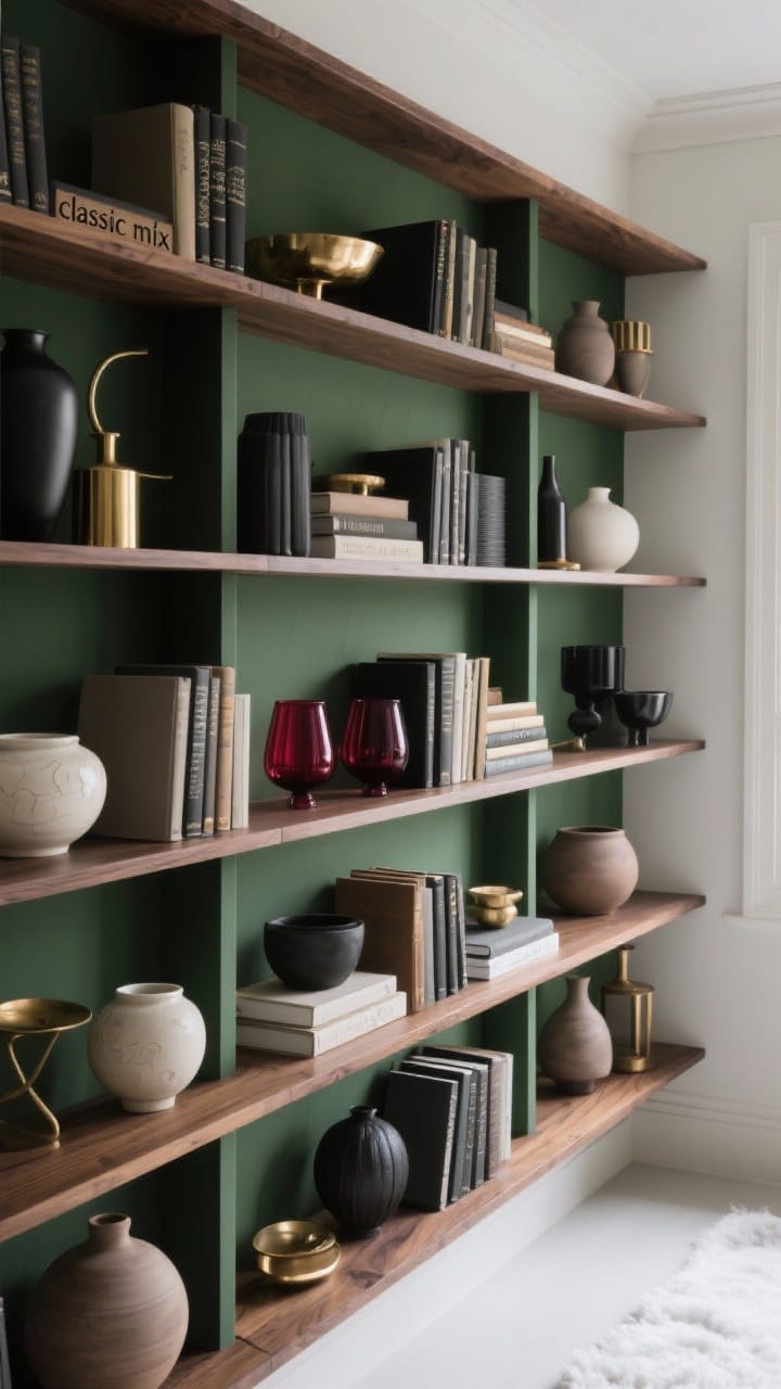 A built-in shelf wall styled in a winter palette: deep forest green and charcoal books, warm taupe ceramics, ivory stoneware, brass accents, and walnut wood tones repeated across the shelves.