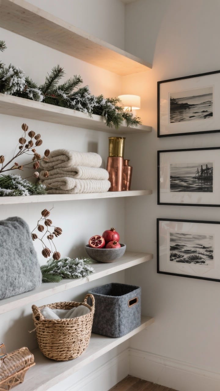 A shelf styled with subtle seasonal swap-outs: neatly folded wool textures, muted winter stems and dried seed pods, copper and brass accents, a felt storage bin, and moody charcoal prints with a small bowl of pomegranates.