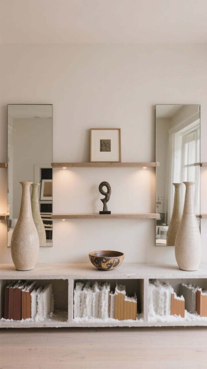 Shelf symmetry with a twist: two tall vases anchoring either end of a long shelf wall to mirror height, a hero sculpture centered on the middle shelf, and one quirky artisan bowl as an intentional oddball.