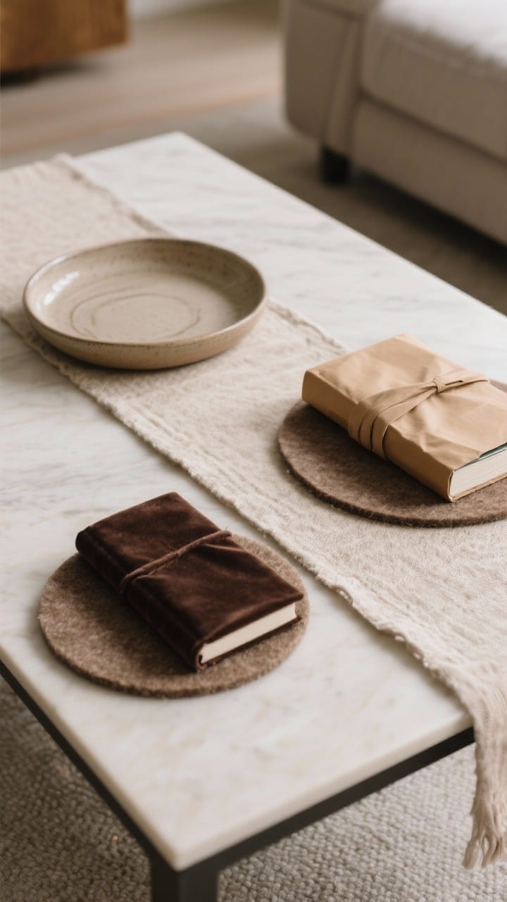 Closeup detail, side angle: soft layering on a coffee table, narrow linen runner in oatmeal, felt mats under a ceramic tray to prevent scratches, and two paperback books wrapped in velvet and kraft paper in tones of mushroom and deep espresso; colors that whisper so other pieces pop; gentle natural light accentuating fabric weave and felt nap.