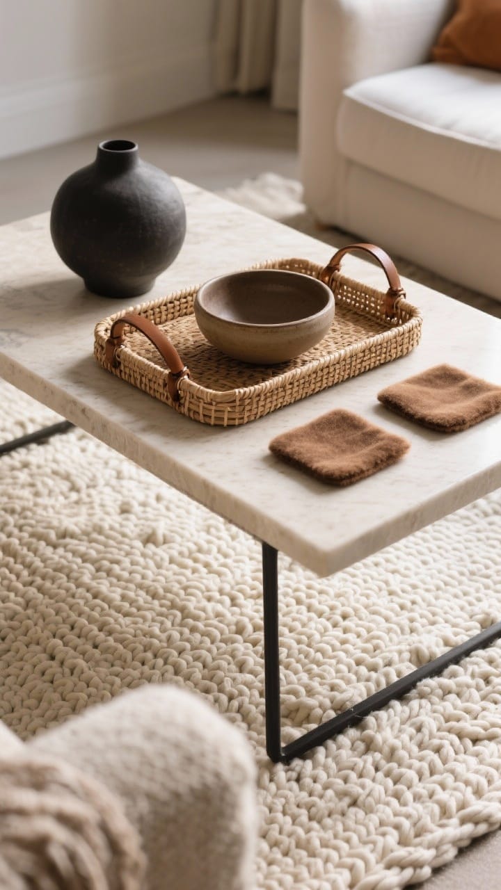 Medium shot from a low corner angle: a coffee table styled with a tactile texture trio, base layer is a chunky knit mat in cream, topped with a woven rattan tray with leather handles for structure, and accented by velvet coasters in taupe with a felt-lined ceramic bowl; palette in creams, taupes, caramels with one moody charcoal object; soft afternoon natural light grazing the surfaces to emphasize texture; uncluttered, cozy winter mood.