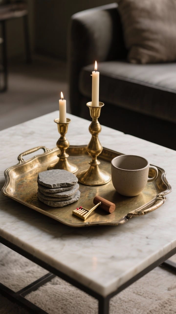 Medium shot with moody afternoon light: a coffee table anchored by an antique brass tray and matching aged gold candle holders in varying heights, paired with matte finishes, stone coaster stack, raw ceramic cup, and a small wooden accent; a stylish brass match striker and candle snuffer sit neatly; limited to two metallic pieces for glow without glare; warm, diffused light reflects softly off patina, creating a cozy ambiance.