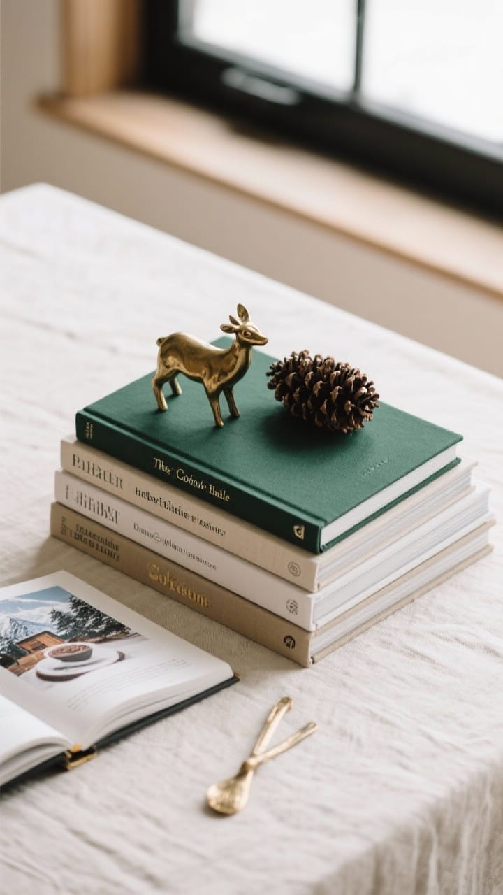 Overhead detail shot: a curated stack of winter-themed coffee table books, largest on bottom, smallest on top, with neutral spines and one dramatic moody cover in deep green; topped with a small sculptural brass animal beside a pinecone cluster; subjects include cabins, mountain photography, and baking; one book open to a cocoa recipe; on a linen table surface; crisp, natural window light highlighting paper texture and brass patina.