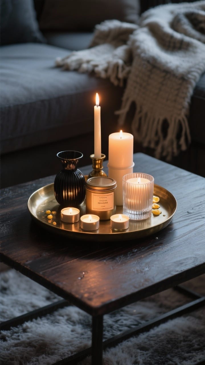 Photorealistic closeup, evening candlelight: a winter coffee table vignette featuring a layered cluster of candles, one tall taper, two medium pillar candles, and several tiny votives, arranged on a round brass tray to catch wax and soot; mixed holders in antique brass, matte black iron, and clear ribbed glass; a cohesive woody-citrus scent concept implied by labeled candle tins; soft, warm glow creating layered light on a dark wood table with a flirty wool throw nearby; shallow depth of field, corner angle, no people.