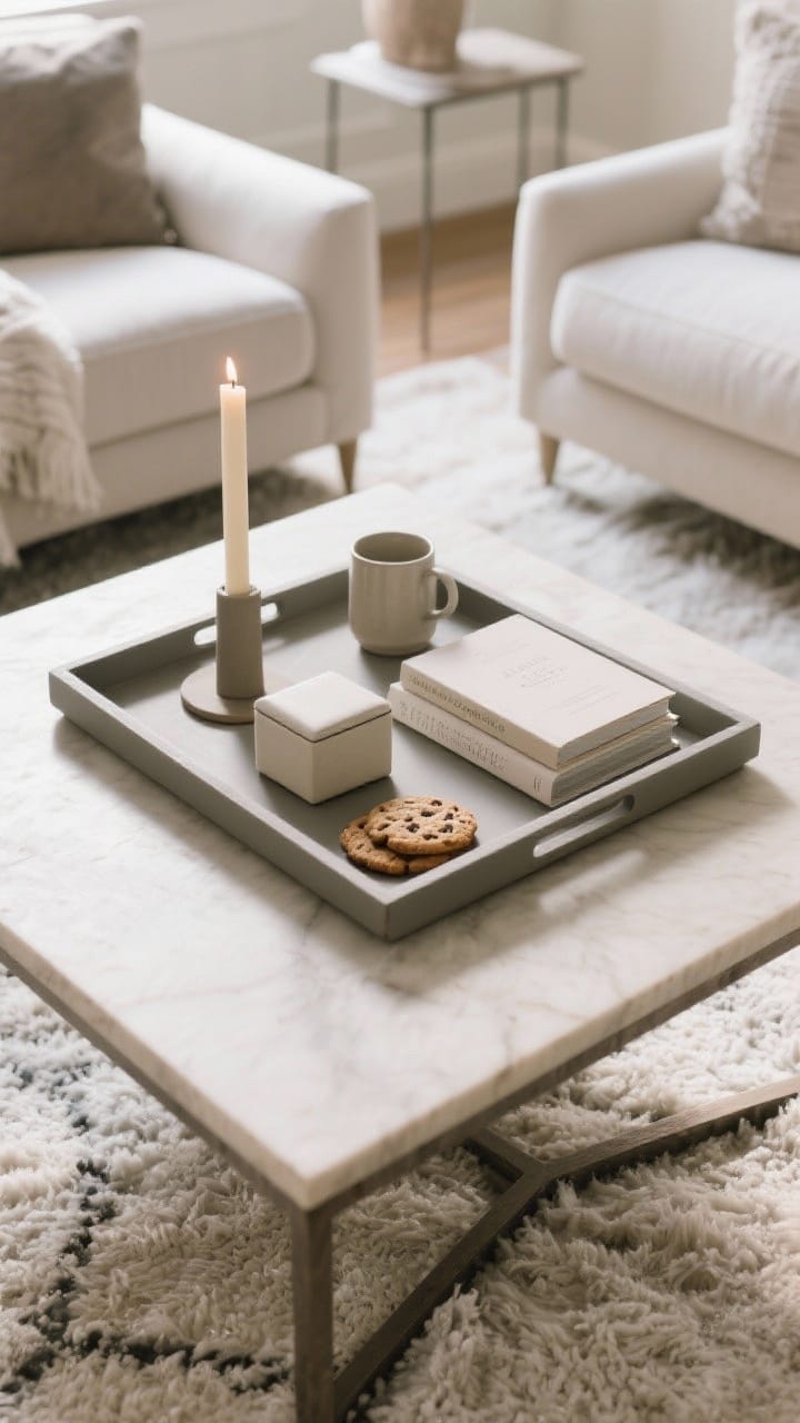 Wide living room shot, overhead three-quarter perspective: a winter-safe oversized tray layout on a sturdy coffee table, one tall element (slender taper candle in matte holder), one medium element (a lidded box), and one low/wide element (petite book with coasters on top); total of 4 pieces, leaving open space for a mug; thick tray edges to handle candles and cookies; balanced, intentional composition with soft afternoon light.