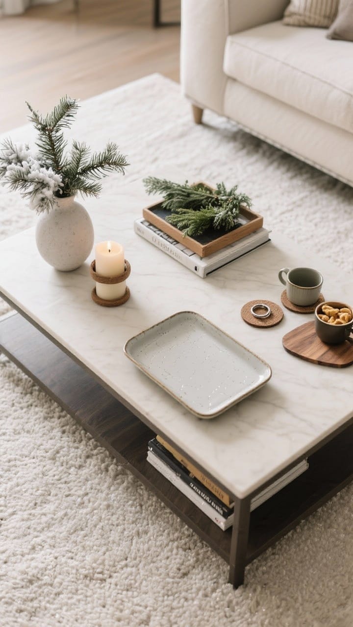 Wide overhead shot of a rectangular coffee table styled for real life using the rule of thirds: left third holds decor (winter greenery vase and candle), center third has a wipe-friendly glazed ceramic tray with essentials, right third left open for mugs and snacks; visible coasters and sealed wood element to handle rings; visual cues for upkeep, fresh greenery, tidy tray, rotated books; balanced, functional, magazine-worthy setup.