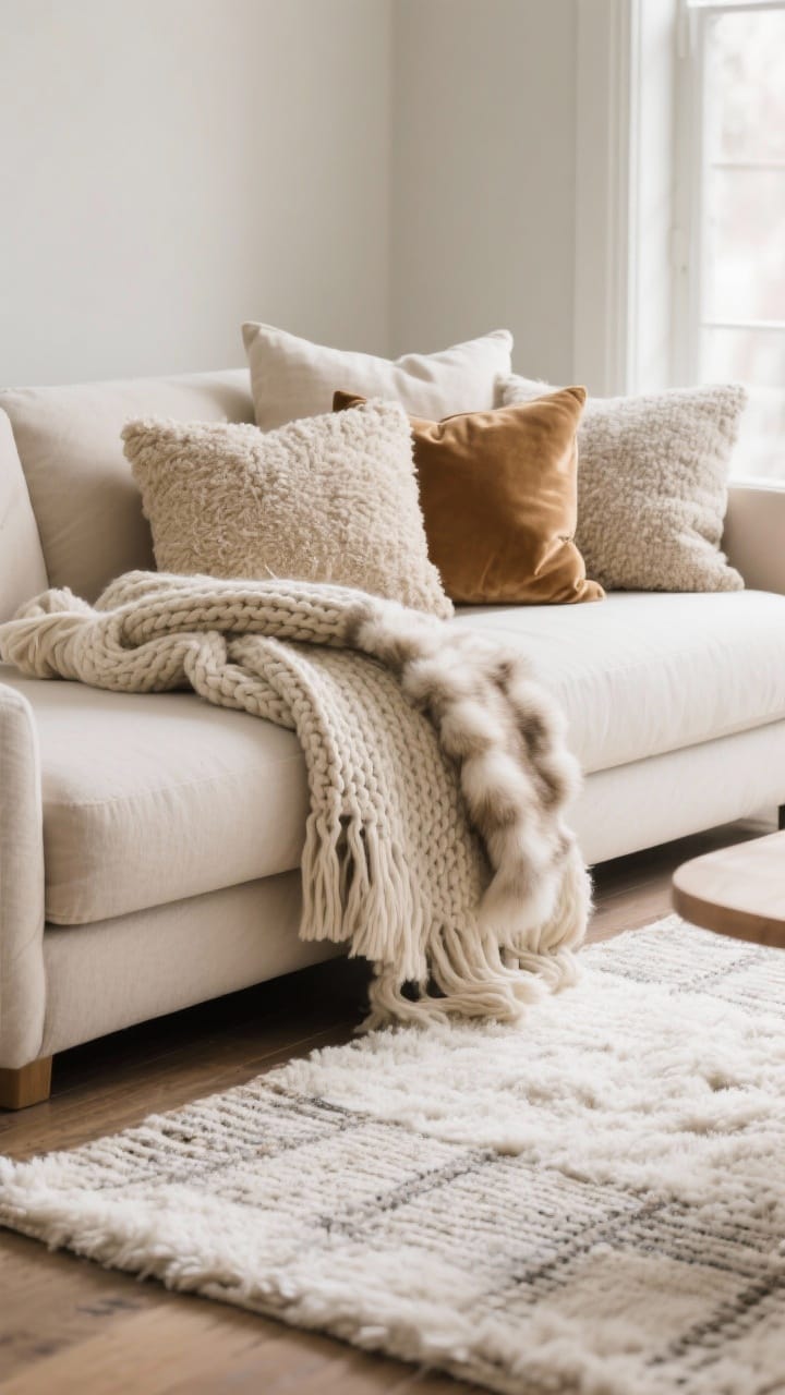 Closeup of a cabin sofa corner layered with a chunky knit throw, a faux fur throw over a wool blanket, and mixed pillows in warm neutrals on a textured rug in soft winter daylight
