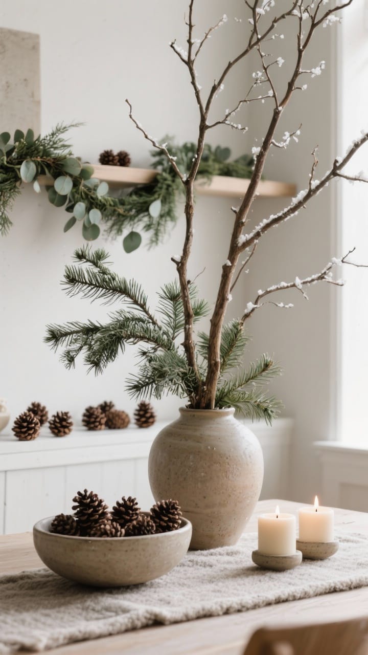 Winter greenery styling with tall bare branches in a ceramic vase, cedar and eucalyptus garlands along a shelf, and pinecones in a stoneware bowl in soft natural light