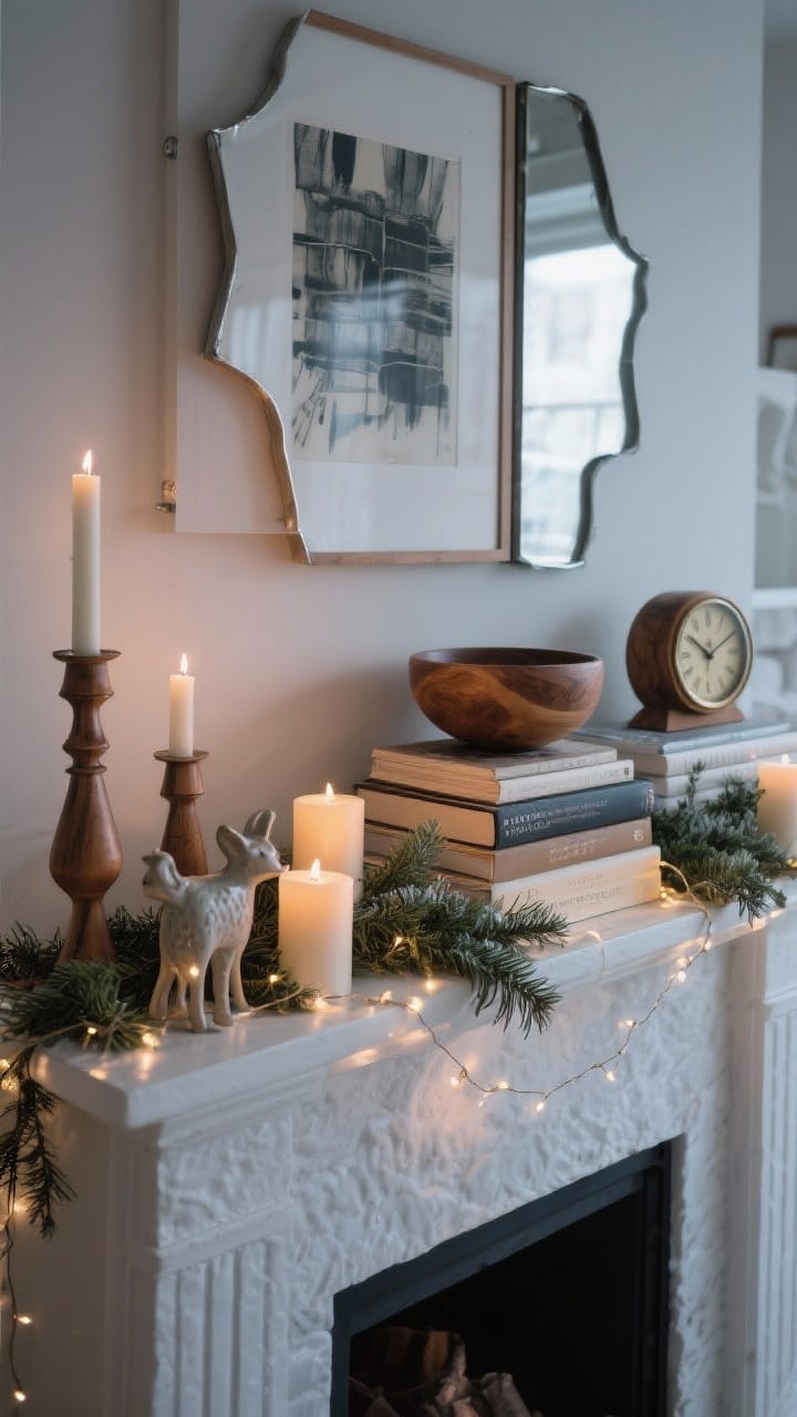 Curated winter mantel vignette with an off-center framed print, stacked books, a wood bowl, a vintage clock, candles, greenery, and a strand of micro lights in evening light