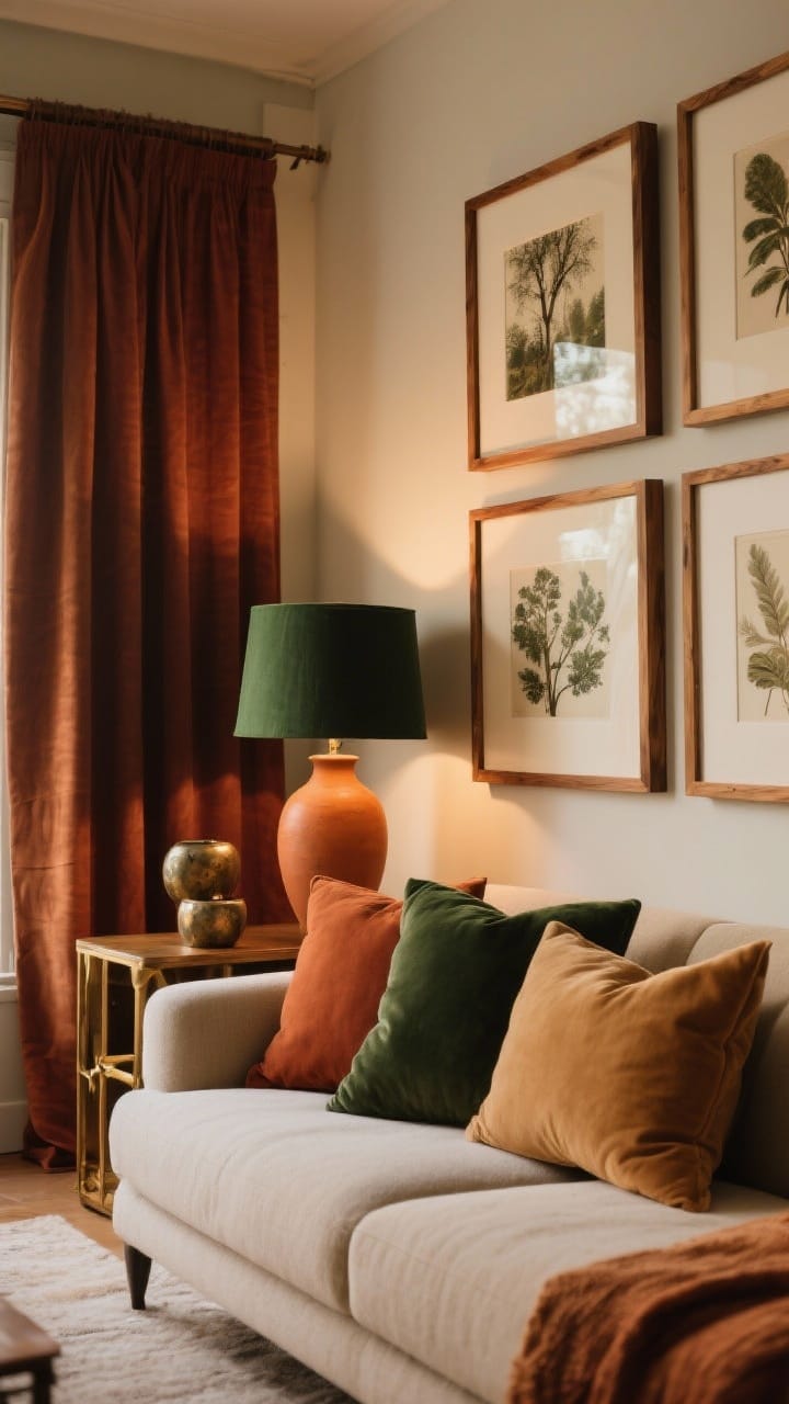 Living room vignette in warm winter hues of caramel, rust, cedar, oat, and deep forest green with wood-framed art and brass accents in gentle 2700K light