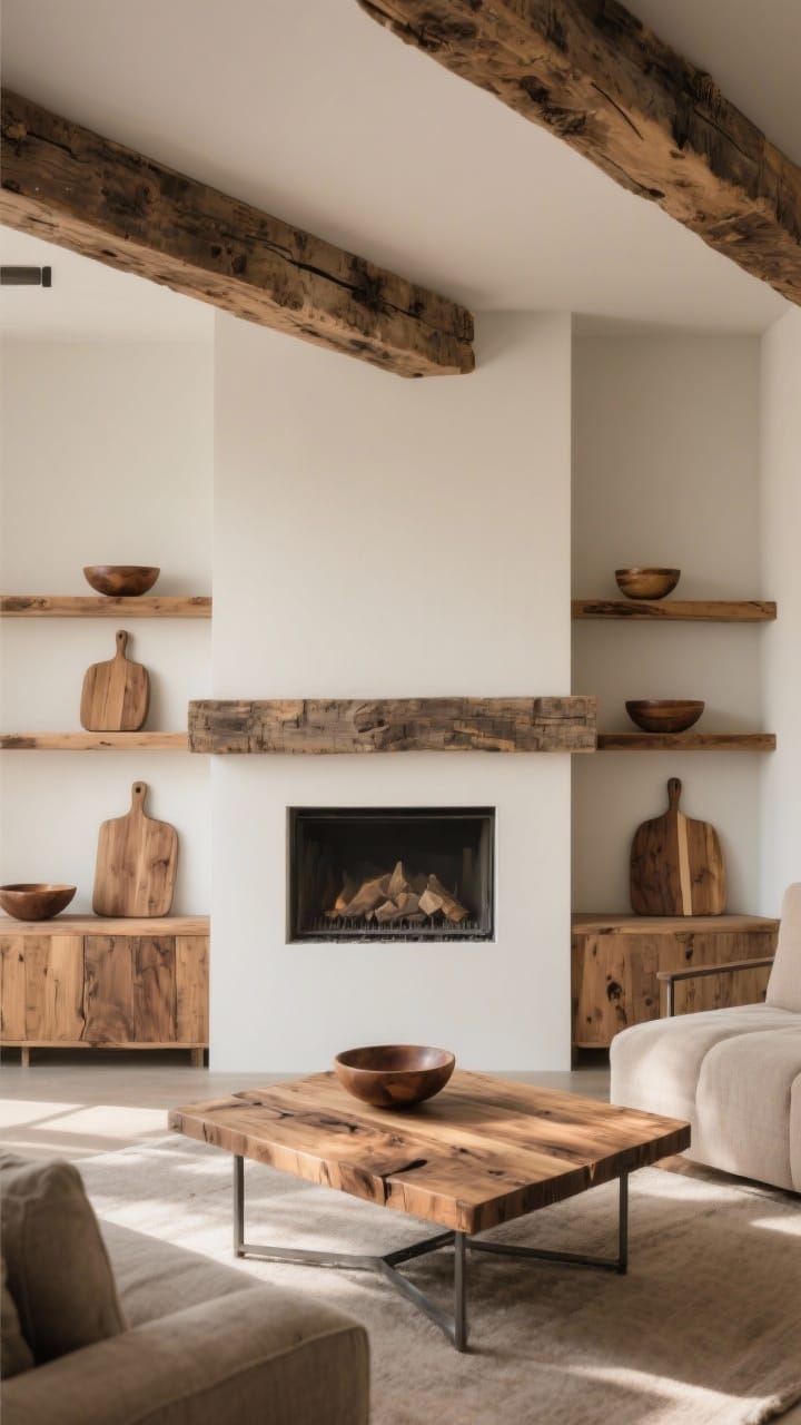 Living area warmed by natural wood details: a raw-edge reclaimed wood beam as a faux mantel, rustic open shelves with wooden boards and bowls, and a wood coffee table with visible grain