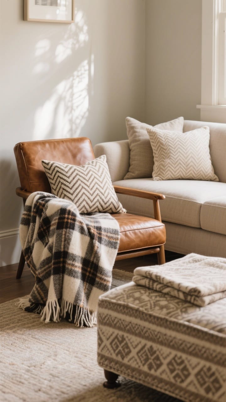 Seating nook with balanced cozy patterns: a leather chair draped in a large plaid throw, small herringbone pillows on a neutral sofa, and a Fair Isle pattern folded on an ottoman