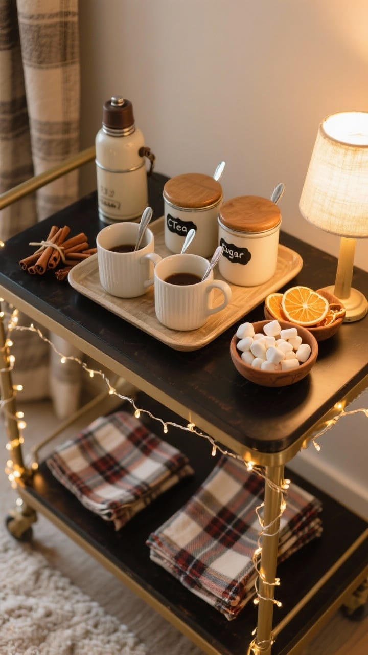 Hot drink station on a bar cart with a tray of mugs and spoons, labeled canisters for cocoa and tea, cinnamon sticks, dried orange slices, and a vintage thermos in warm light
