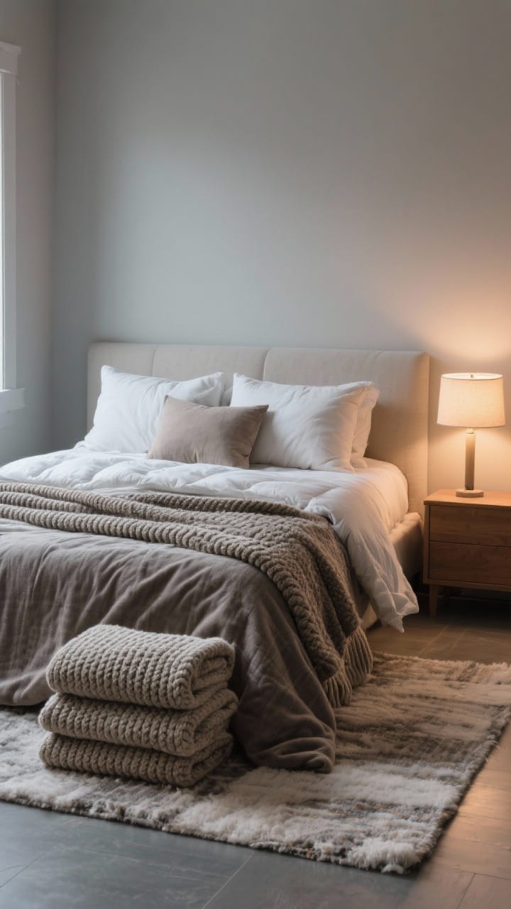 Cozy bedroom layered for winter with flannel sheets, a textured duvet, a folded cable-knit blanket at the foot, a neat pillow stack, and a soft bedside rug in warm lamp light
