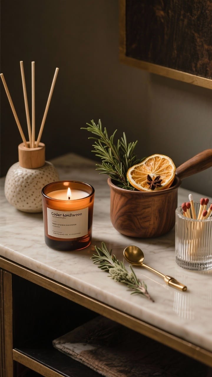 A winter scent vignette on a console with a woodsy candle, a ceramic diffuser, and herb sprigs