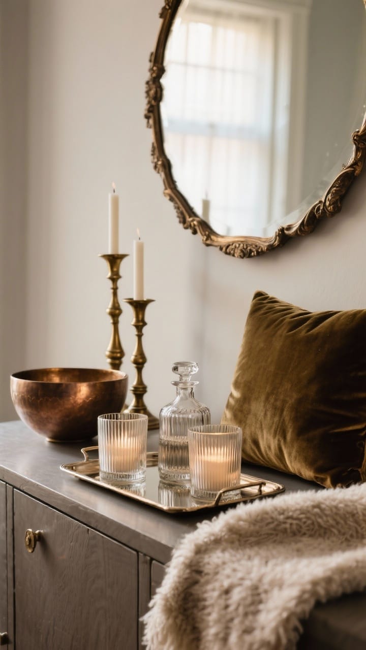Subtle winter shine with aged brass candlesticks, a bronze bowl, ribbed glass votives, and a vintage mirror