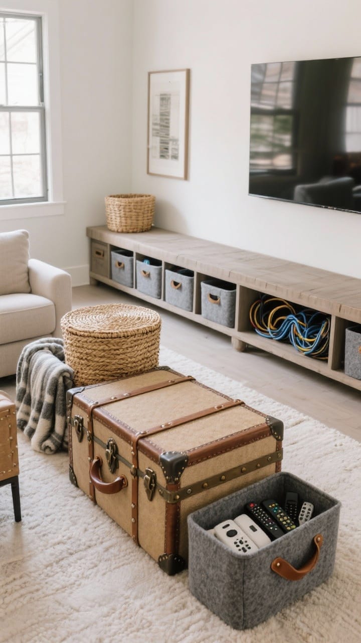 Edited living room storage with lidded seagrass baskets, a storage bench, and a tidy media console