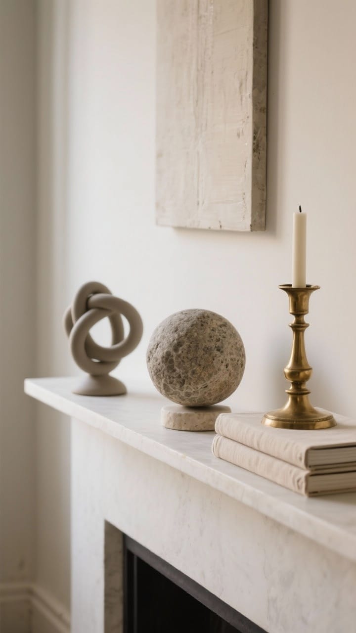 Artful winter mantel objects grouped in threes with a ceramic knot, stone sphere and brass candlestick