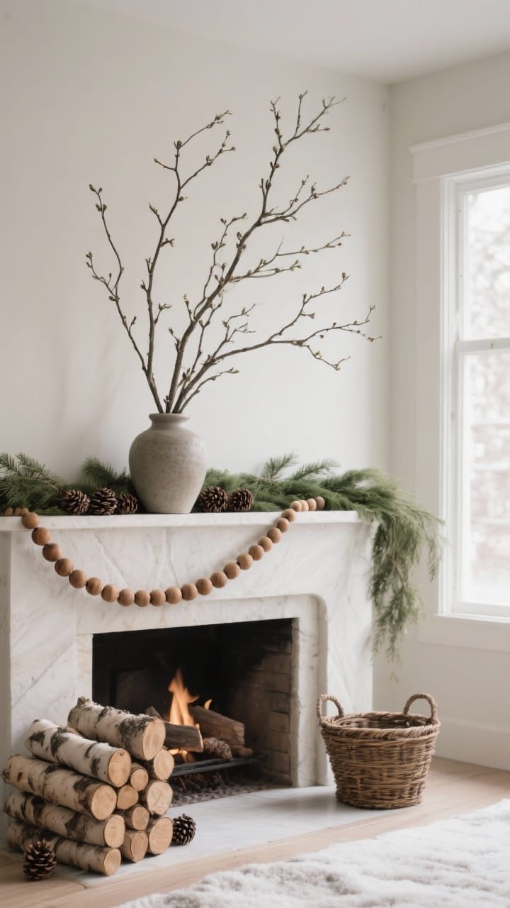 Winter mantel with bare dogwood branches in a stoneware vase, pinecones and stacked birch logs