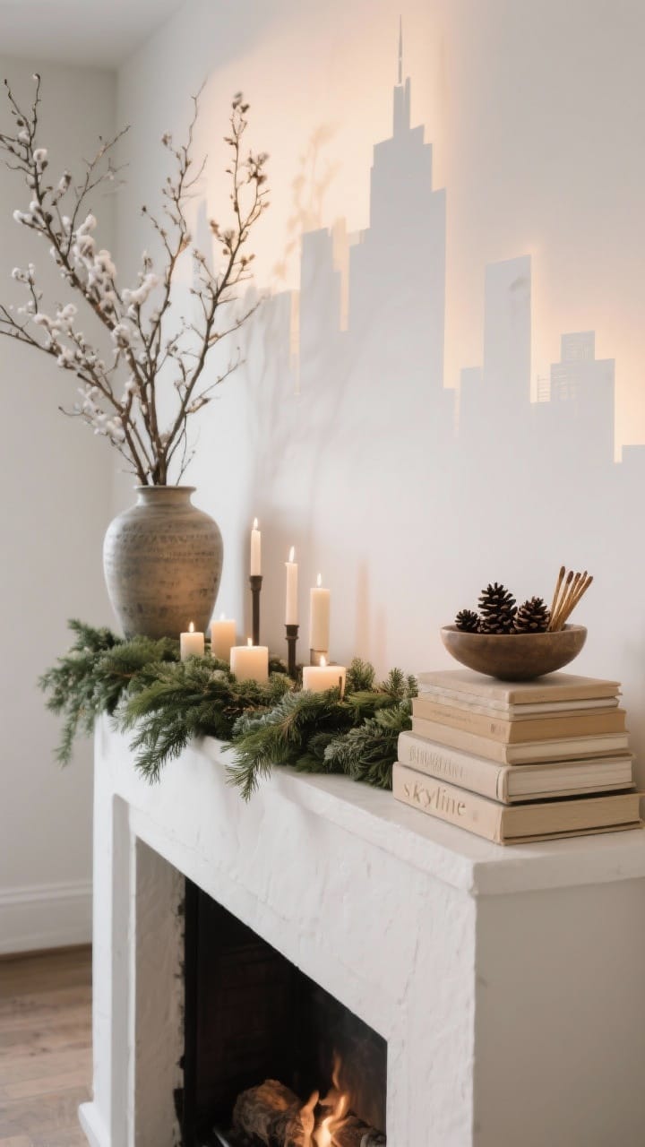 Asymmetrical winter mantel with tall branches on one side and a low garland and books on the other