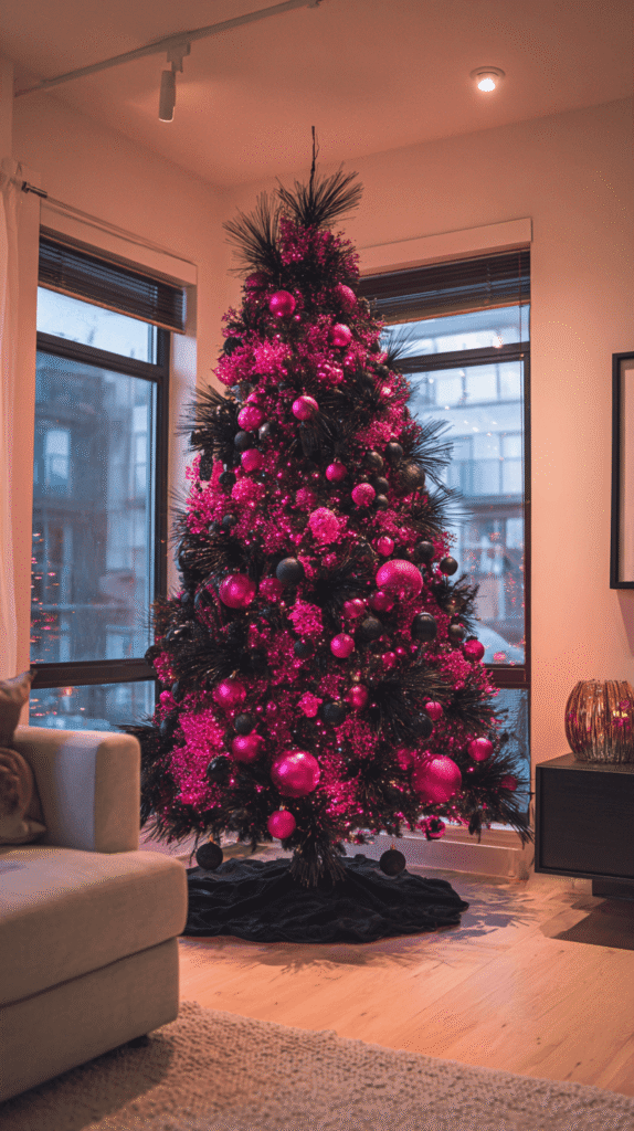 A pink and black Christmas tree decorated with hot pink ornaments and matte black baubles in a modern living room.