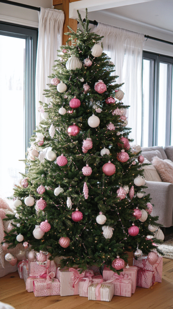 A white Christmas tree with soft pink ornaments and ribbons in a cozy, light-filled living room.