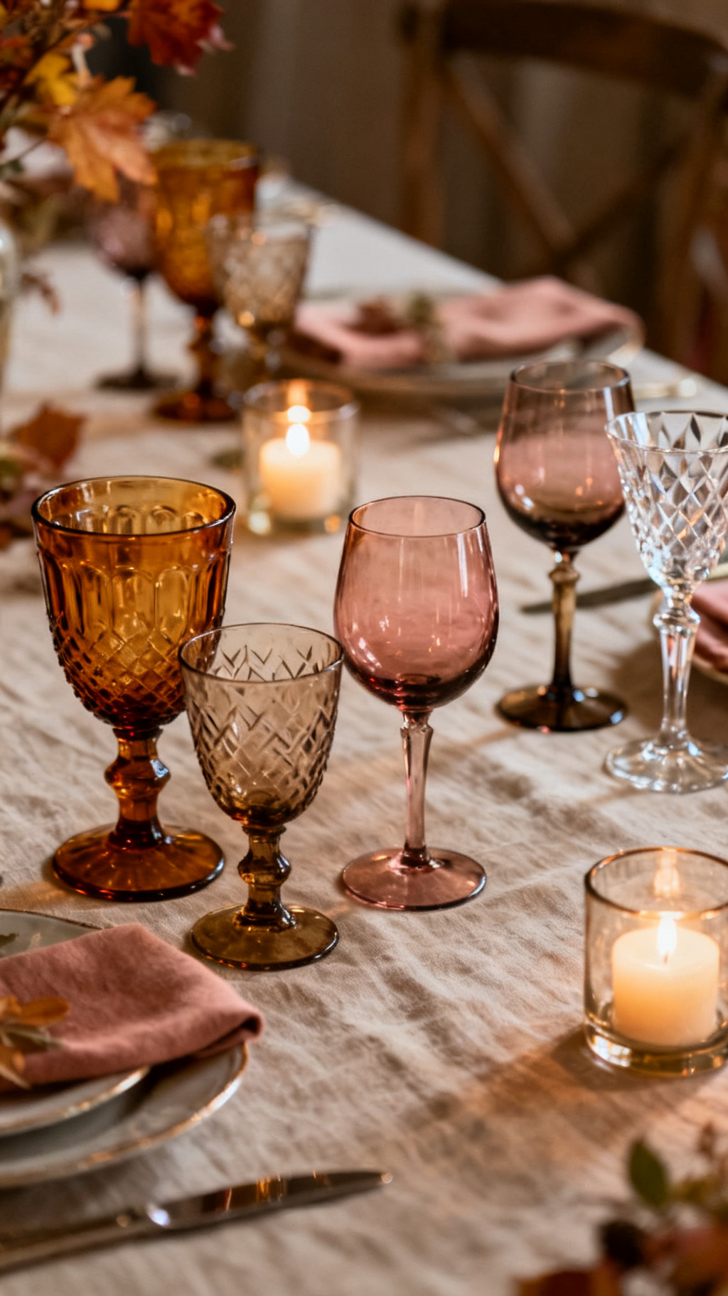 Medium shot of a fall reception table styled with heirloom vintage glassware mix: amber pressed-glass goblets, smoked rose tinted wine glasses, and a few cut-crystal coupes with mismatched stems; arranged on a linen-draped table with low candle hurricanes; soft side-light catching the etched and cut surfaces; cohesive warm palette of bronze, amber, and dusty rose.