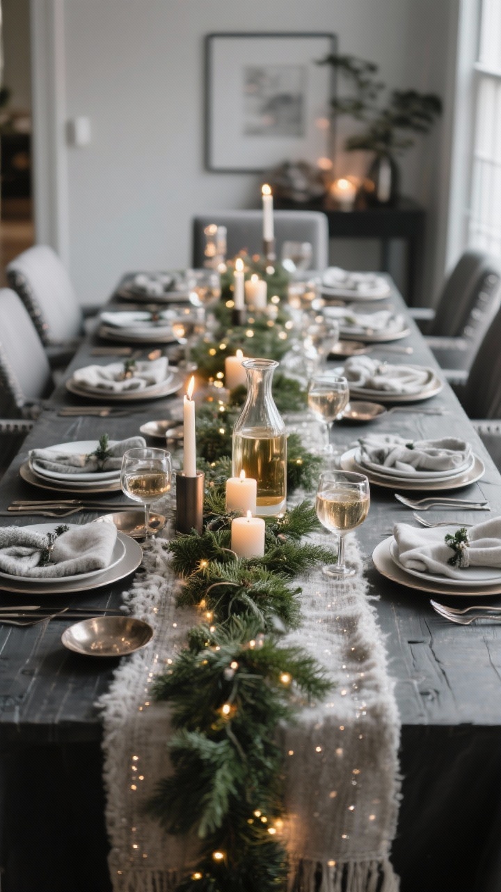 A cinematic, straight-on wide shot for the conclusion: the complete holiday table scene combining smart layers, cozy textures, and subtle sparkle—monochrome base, mixed metals accents, low greenery runner with micro-LEDs, curated place settings, and a welcoming signature drink carafe. Warm, inviting candlelit mood, photorealistic detail, no people.