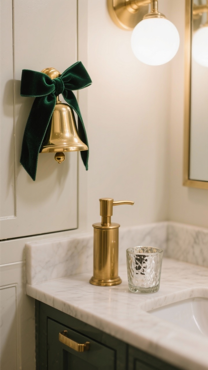 A closeup detail of subtle metallic sparkle in a small bathroom: a brass bell cluster tied with dark green velvet ribbon on a cabinet pull, a metallic brass soap pump echoing existing brass hardware, and a small mercury glass votive on the counter catching the light. Refined shine, single metallic finish for cohesion. Gentle highlights from warm white bulbs, photorealistic.