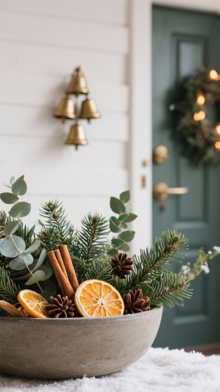 A closeup, detail shot capturing sensory elements: a planter filled with evergreen sprigs tucked with cinnamon sticks, whole cloves, and slices of dried oranges; sprigs of fresh eucalyptus adding cool green tones; a refined cluster of small brass bells on the door just in the background, softly out of focus. Emphasize texture, aroma cues, and a cozy mood; use soft, natural winter light. No open flames, no people.