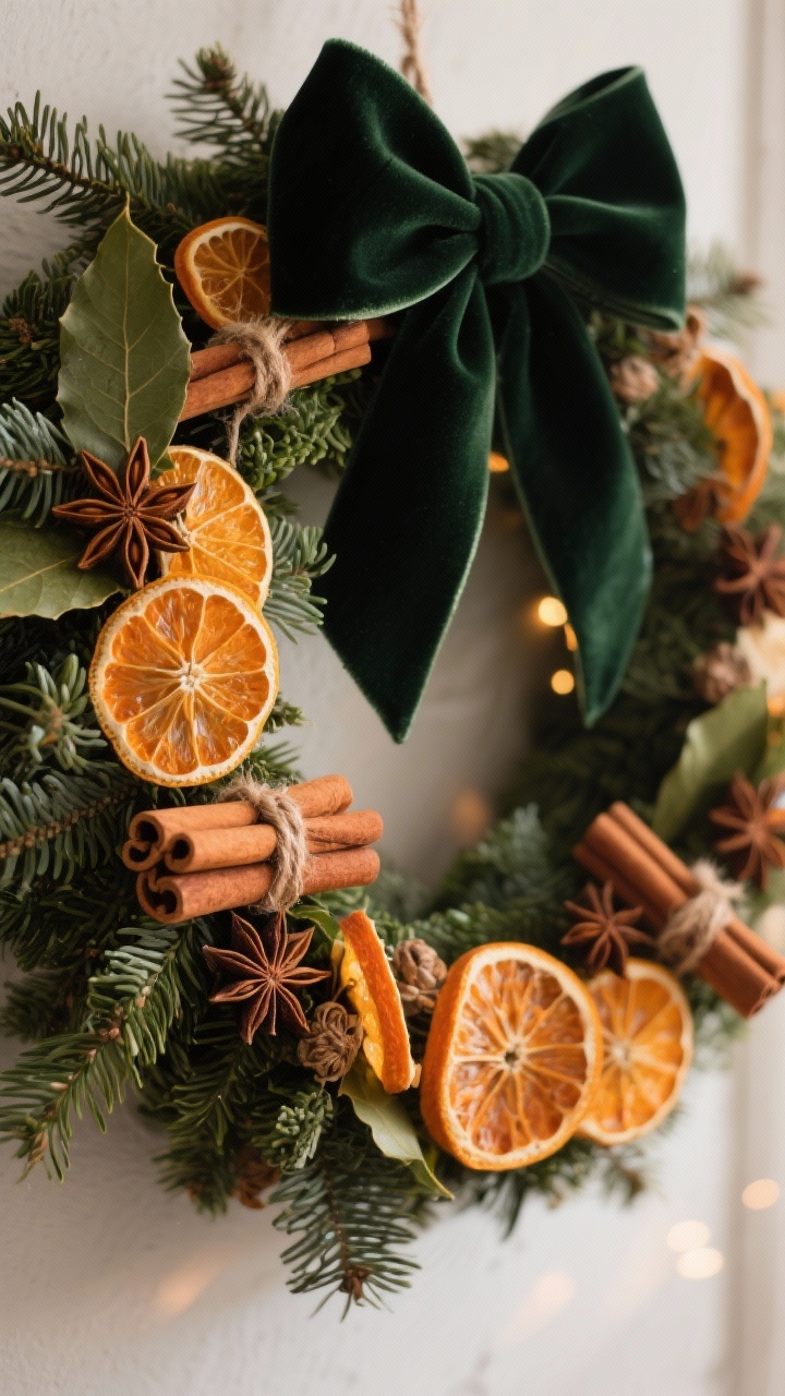 A closeup detail shot of an old-world citrus-and-spice wreath: lush evergreens with bay leaves, clusters of dried orange slices threaded in groups, cinnamon stick bundles tied with twine, and star anise accents; lit with warm, ambient light that highlights the orange translucence and textured spices, finished with a deep dark green velvet bow.