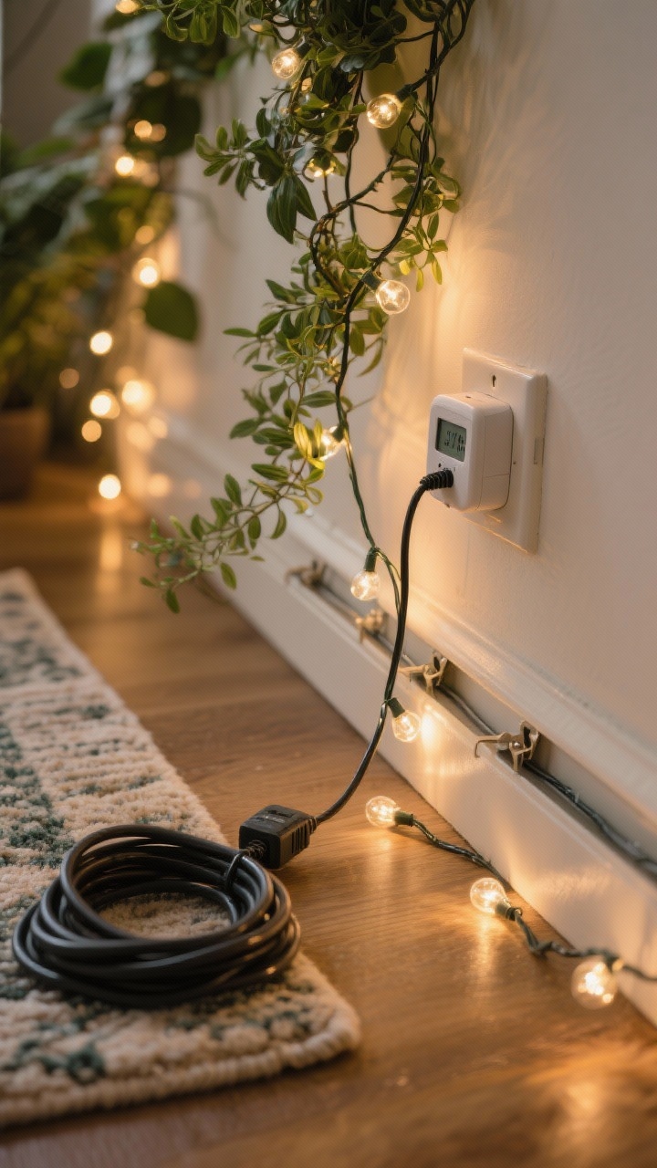 A closeup, low-angle detail of cord-safe, cozy lighting: battery-operated warm white LED string lights woven through greenery, with cords guided along a baseboard using discreet clips and a low-profile cable channel. Include an outdoor-grade extension cord with thicker insulation partially visible under a rug edge, and a small digital timer plug at an outlet. The glow is warm and inviting; no glass bulbs near the floor. Photorealistic macro emphasis on cable management and the soft twinkle.