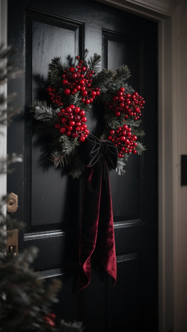 A closeup, moody detail shot against a black front door showing clusters of deep red berries (cranberry/holly/winterberry) nestled in dark mixed evergreens, arranged in groups of three, finished with a long draping black or burgundy velvet ribbon; low, dramatic lighting to emphasize rich reds and glossy berry texture with soft shadows.