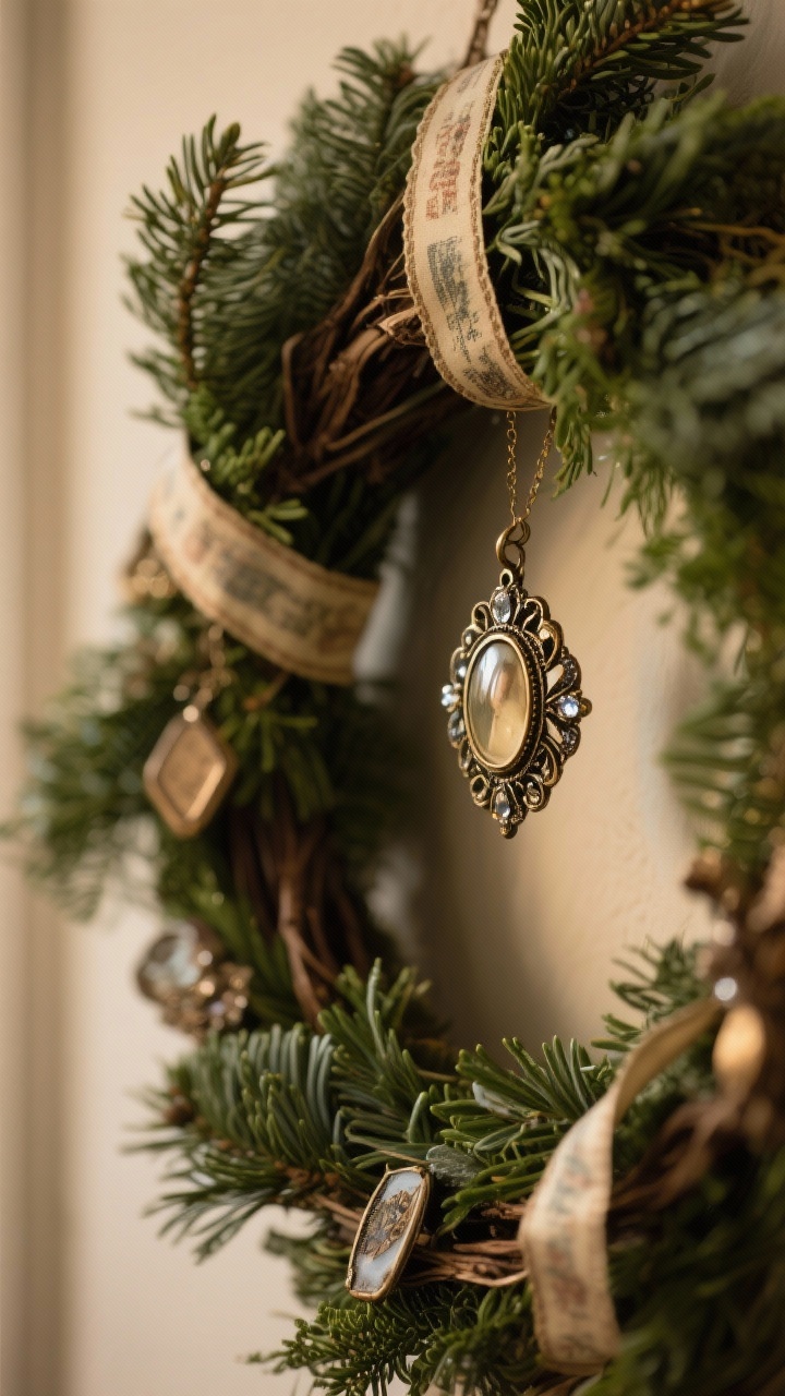 A closeup, sentimental detail shot of a classic evergreen wreath woven with heirloom elements: vintage ribbon threaded through, an antique brooch sparkling amid the greenery, a tiny locket or charm suspended at the center; warm, intimate lighting with shallow depth of field to highlight patina and personal keepsakes.