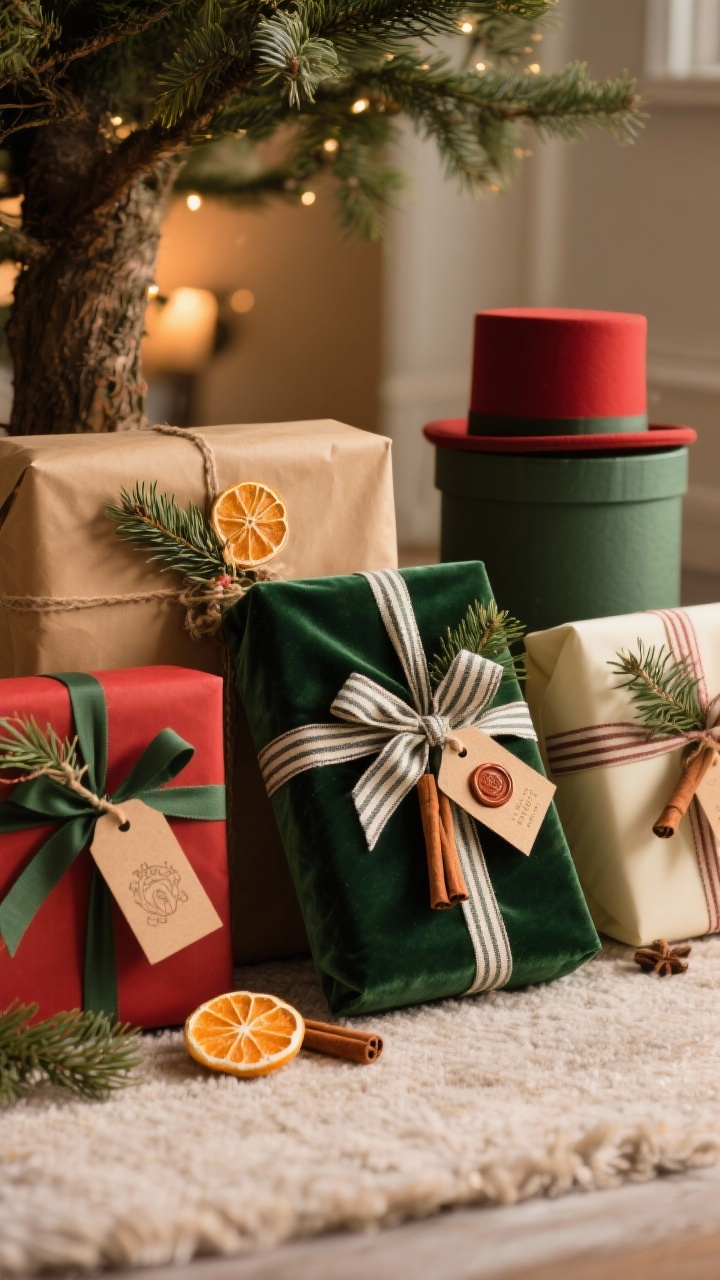A closeup, three-quarter angle shot of beautifully wrapped gifts arranged under a tree: kraft paper and matte wraps in red, pine green, and cream; velvet, grosgrain, and ticking-stripe fabric ribbons tied with long tails. Natural accents like cedar sprigs, dried orange slices, and cinnamon sticks adorn the bows. Hand-cut cardstock tags, some with wax seals or stamped designs. Include a few coordinating hat boxes for height; warm ambient holiday lighting, photorealistic.