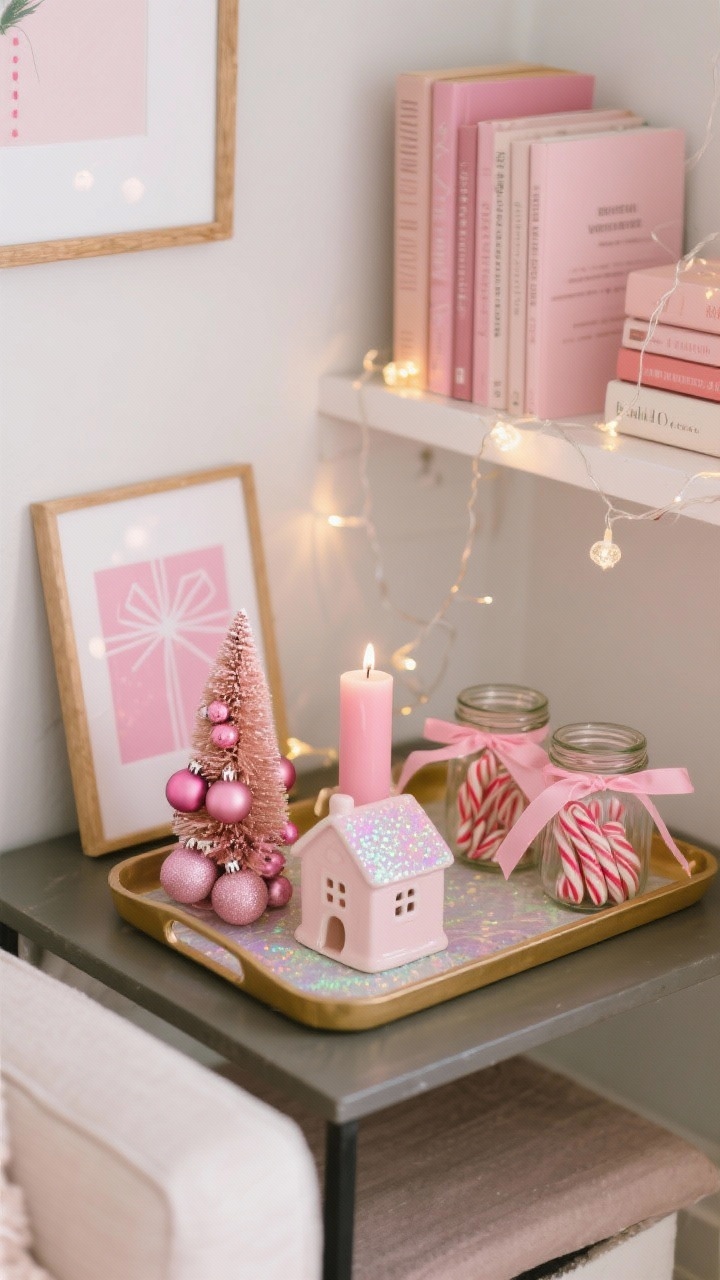 A compact small-space vignette on a coffee table tray shot from a slight corner angle: a pink candle, a mini tabletop tree, a small stack of favorite pink ornaments, fairy lights woven through a nearby shelf with blush-spined books turned forward, a framed piece of pink gift wrap art leaning in the background, and a couple of kitchen-style glass jars filled with peppermints tied with pink ribbons. Include a tiny blush-painted thrifted ceramic house dusted with iridescent glitter. Cozy ambient lighting, photorealistic.