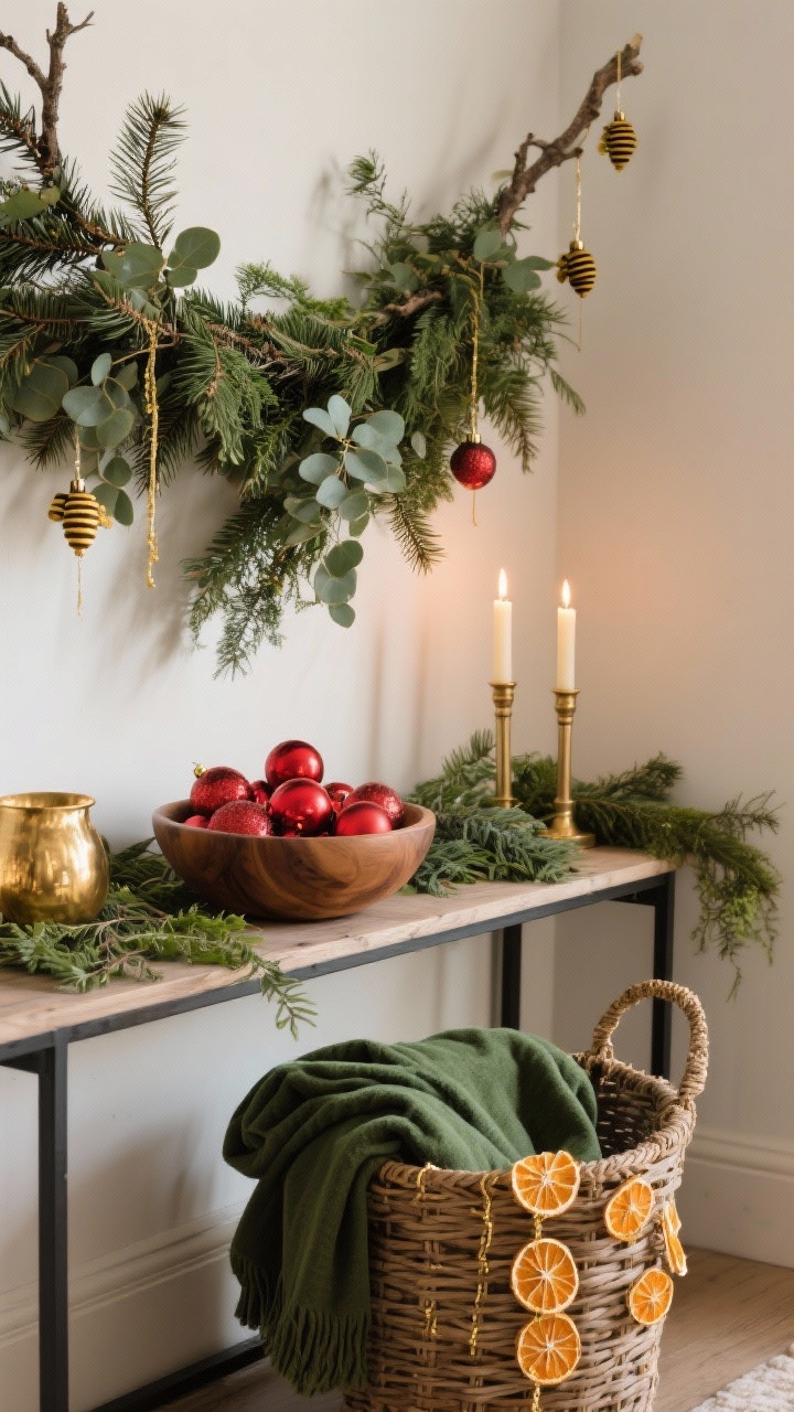 A cozy, editorial-style medium shot balancing bold color with natural elements: cedar, pine, and eucalyptus greenery draped across a console with a wooden bowl filled with red ornaments; a wicker basket nearby holding folded green throws; dried orange slices threaded with fine gold thread hanging from branches for old-world charm; a pair of beeswax taper candles glowing softly in the evening; include one shiny gold accent paired with one natural texture (wood, linen, greenery) in each cluster to illustrate the balance.