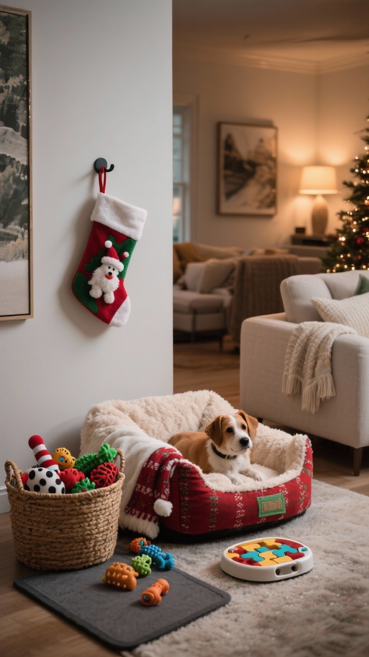 A cozy wide shot of a designated pet-friendly holiday zone in the living room: a plush, washable holiday-colored pet bed with a coordinating blanket, a small array of chew-safe holiday toys in durable rubber and heavy felt inside a low basket, and a pet stocking secured high on a wall hook. Include an interactive puzzle feeder on a nearby mat, suggesting quiet engagement. Place the zone near the main decor but out of traffic. Warm evening lighting, relaxed mood; photorealistic textures on fabrics and toys, no people visible.