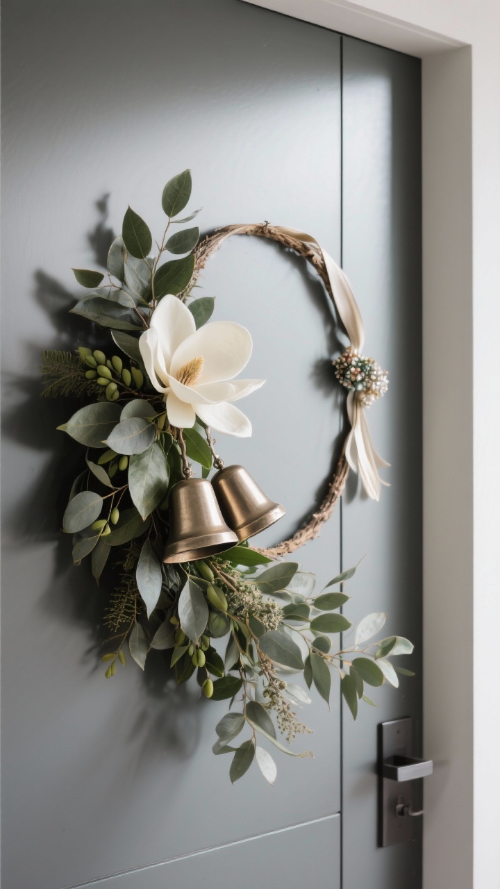 A design-forward medium shot of an asymmetrical wreath on a modern door: olive and eucalyptus base with dramatic weight concentrated on the lower left third, layered magnolia leaves and a pair of oversized bells; on the opposite upper right, a slim ribbon tail and a small ornament cluster for balance; negative space visible, soft directional lighting.