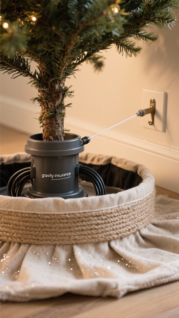 A detail-oriented medium shot of a stabilized Christmas tree base: a wide, heavy weighted tree stand fully hidden inside a thick woven tree collar, with cords neatly tucked away. Show a clear fishing line subtly anchoring the tree trunk to a small wall hook for stability. A washable, non-shedding, neutral fabric tree skirt (no sequins, no loose threads) peeks out beneath the collar. If real tree, the water reservoir is concealed. Soft warm room lighting; slight side angle to reveal the anchor line and the “gravity insurance” setup.