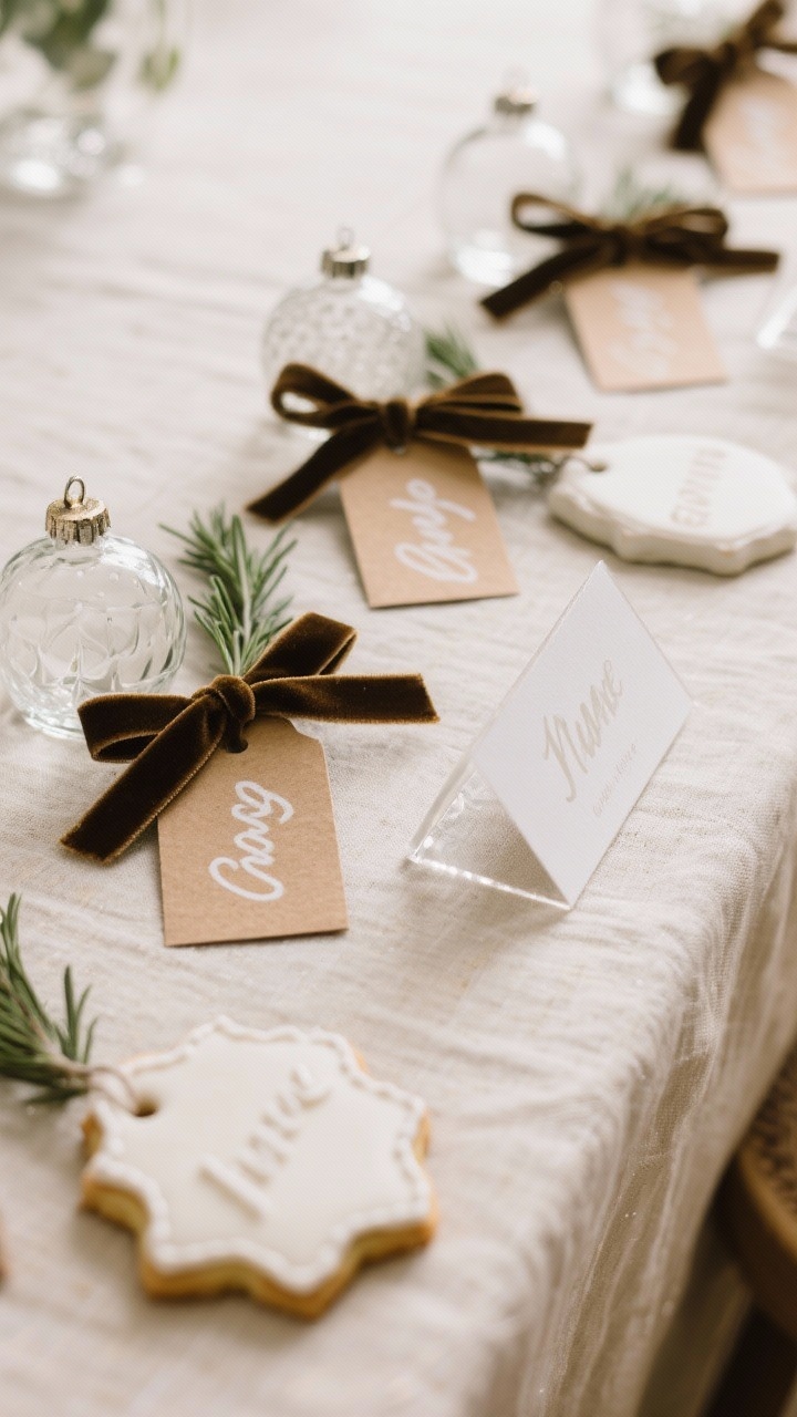A detail shot of personalized place cards arrayed along a table edge: glass and ceramic ornament tags with names in white paint pen, kraft tags tied with velvet ribbon securing rosemary sprigs, a clear acrylic card with white ink, and a sugar cookie place card with piped name. Neutral linen backdrop, soft morning light, emphasis on boutique, keep-worthy finishes.