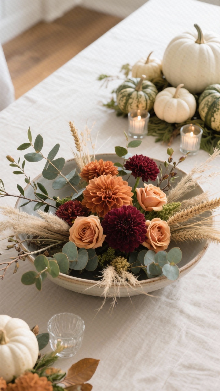 A detail, slightly overhead shot of a low-to-medium Thanksgiving centerpiece with movement: a shallow ceramic bowl overflowing with eucalyptus and olive branches for structure, magnolia leaves at the edges, warm-toned florals (rust dahlias, burgundy mums, apricot roses) nestled throughout, and wispy accents of dried grasses, wheat, and airy branches extending outward for flow. Include a secondary vignette of clustered heirloom pumpkins (white and muted green) tucked with foliage and scattered unscented glass votives. Keep lines of sight clear, no tall obstructions. Warm, natural daylight.