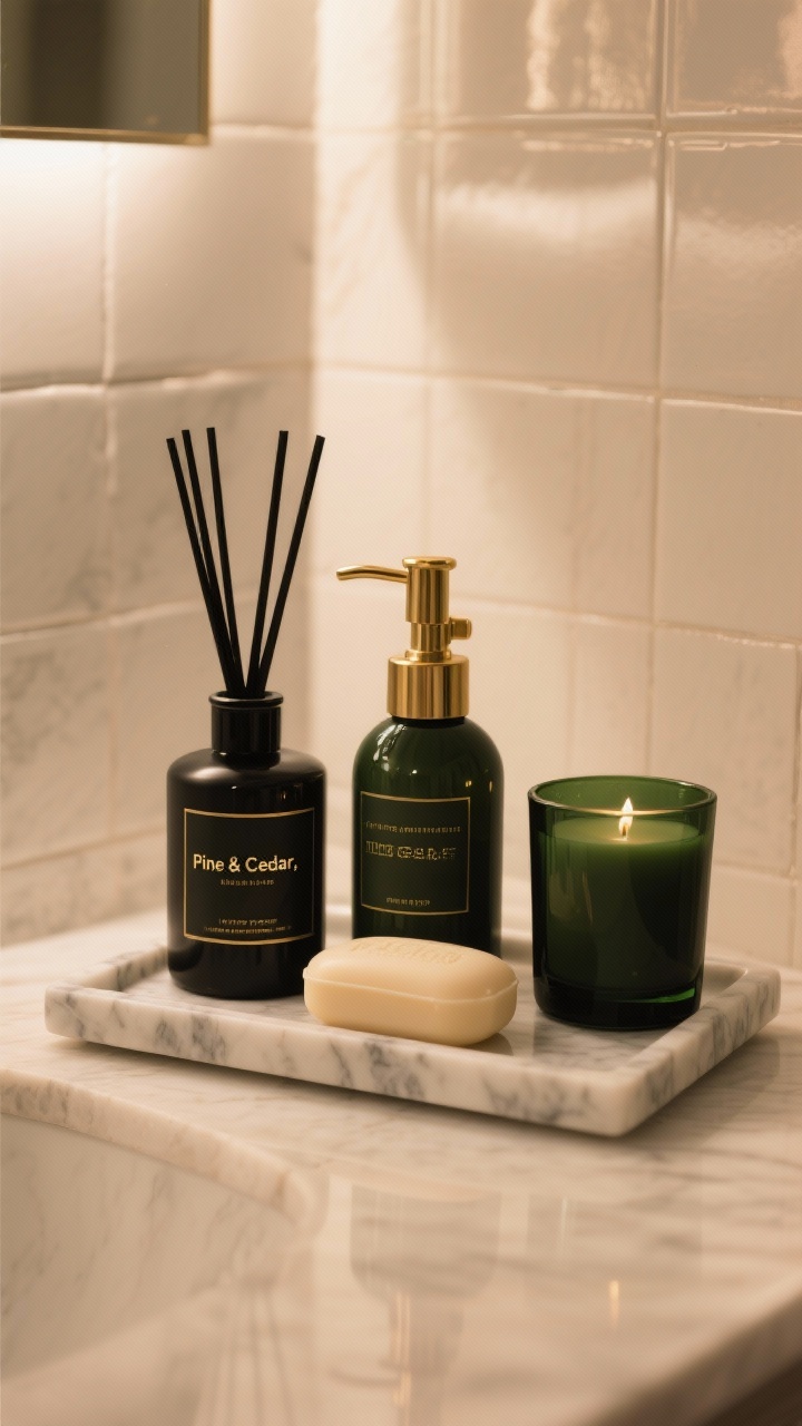 A detailed closeup of a curated scent vignette on a small marble tray: matching seasonal soap and lotion labeled “Pine & Cedar,” a matte black reed diffuser, and a brass-room-spray mister. Optional candle in a dark green glass vessel (unlit) adds decor. Choose one hero scent family to avoid mix-and-match. Warm, cozy lighting reflecting off tile, shallow depth of field, photorealistic.