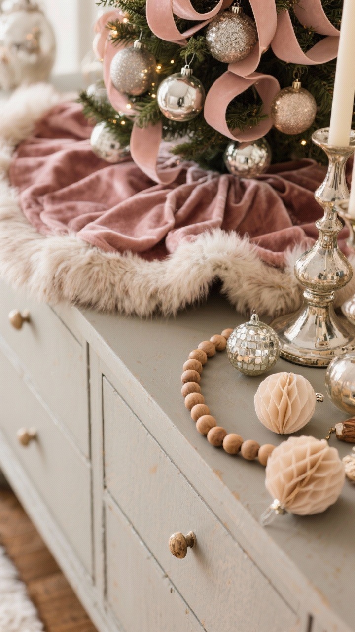A detailed closeup of layered holiday textures on a sideboard vignette: blush velvet ribbon coils, a faux fur tree skirt edge draped over the surface, mercury glass ornaments and candle holders glinting softly, plus a strand of natural wood beads and a few matte paper honeycomb ornaments for balance. Cozy, warm lighting with gentle highlights to show velvet pile, fur softness, and mercury glass patina, photorealistic.